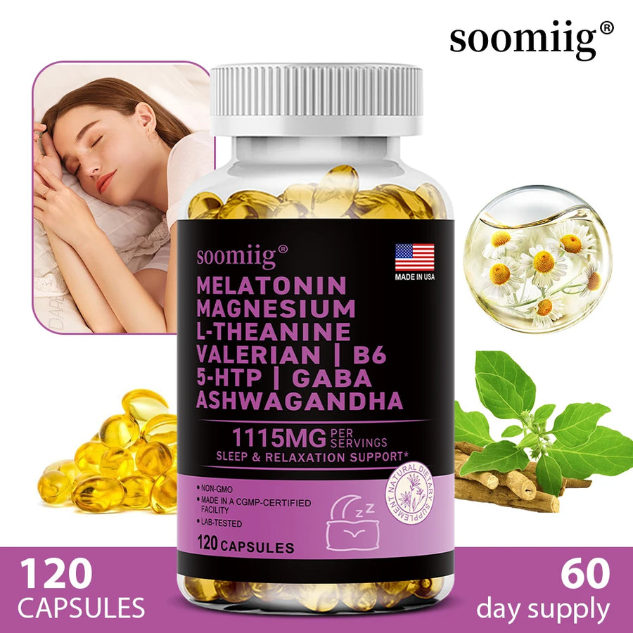 Cápsulas de melatonina 5 mg 12 en 1 para dormir, 90 unidades, veganas, sin OMG, para el sueño, el estrés y el estado de ánimo - Ayudas naturales para dormir para adultos