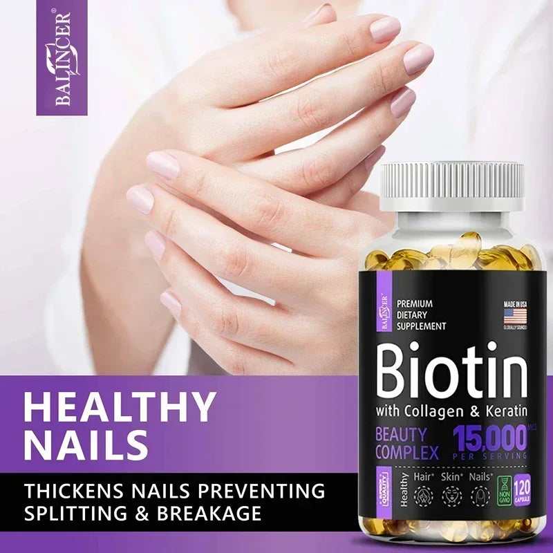 Suplemento de biotina - 15,000 mcg con colágeno y queratina, para cabello, piel y uñas, salud articular