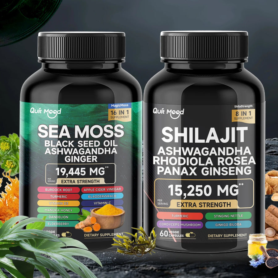 Sea Moss y Shilajit | Combo de vitalidad de alta potencia - Ashwagandha, cúrcuma, vejiga, bardana 2000 mg y jengibre, vitamina C