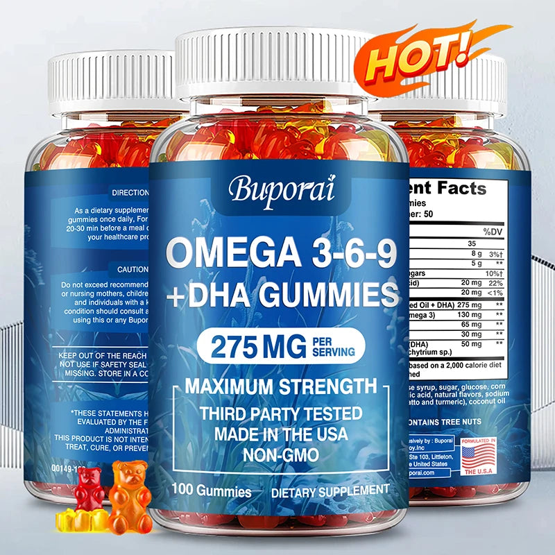 Gomitas Omega 3 6 9 + DHA - Salud Cerebral, Mejora la Concentración, la Memoria, la Circulación Sanguínea, Apoyo Ocular