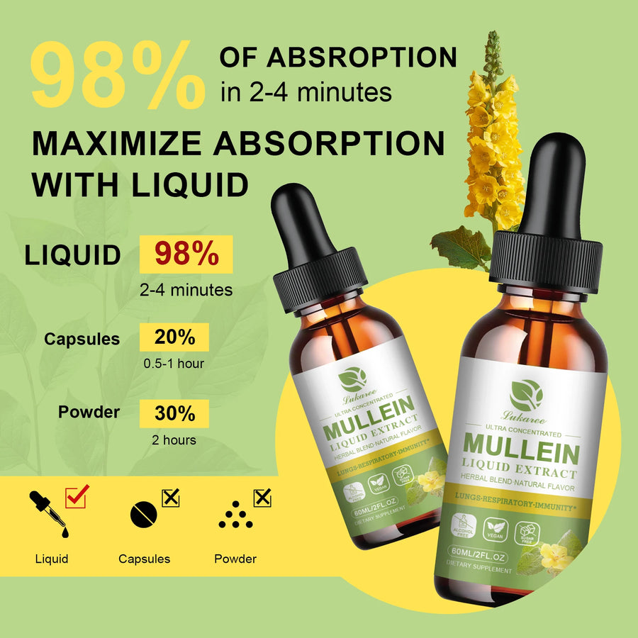 Gotas de gordolobo adecuadas para los pulmones, desintoxicación y limpieza pulmonar, extracto de hoja de gordolobo vegetariano para la respiración y la inmunidad