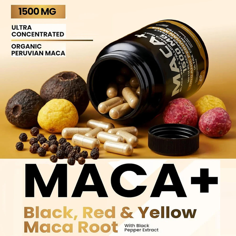 Cápsulas de Maca Orgánica en Polvo 1500mg con Maca Peruana Negra+Roja+Amarilla para Hombres y Mujeres - Cápsulas Veganas