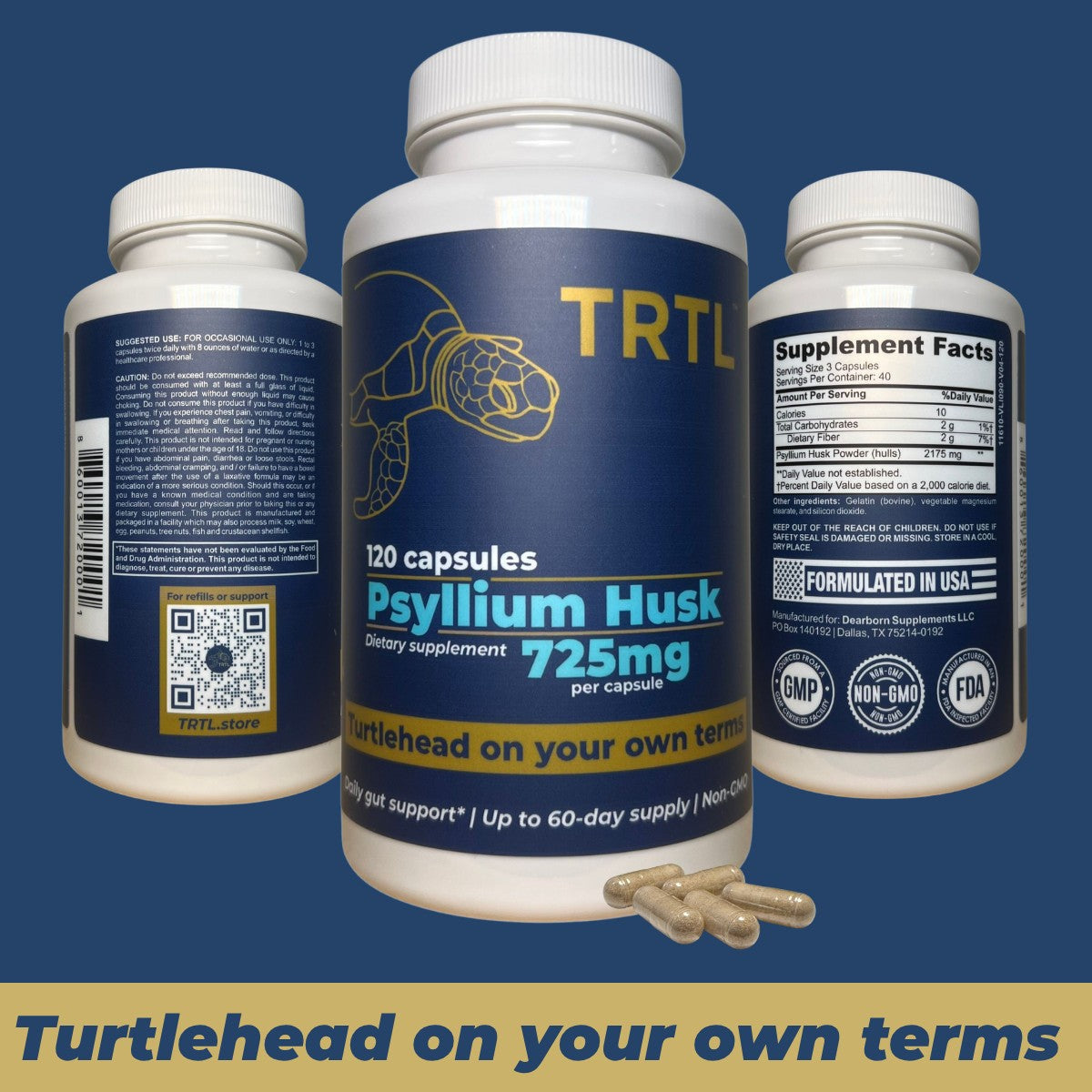 Cápsulas de cáscara de psyllium TRTL 725 mg, 120 unidades