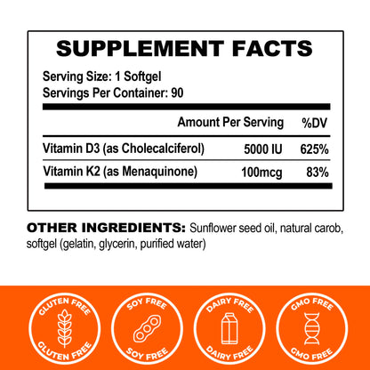 Vitamin D3 + K2 for Heart, Bone, Muscle and Immune Health Support