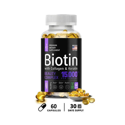 Biotin Supplement - 15,000 Mcg with Collagen and Keratin, for Hair, Skin and Nails, Joint Health