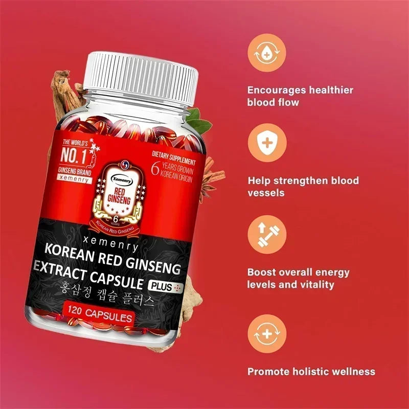 Suplemento de ginseng rojo coreano: favorece la salud general, aumenta la producción de energía, alivia el estrés - 120 unidades