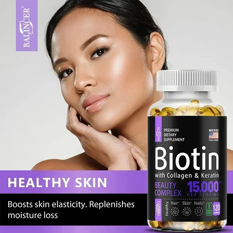 Suplemento de biotina - 15,000 mcg con colágeno y queratina, para cabello, piel y uñas, salud articular