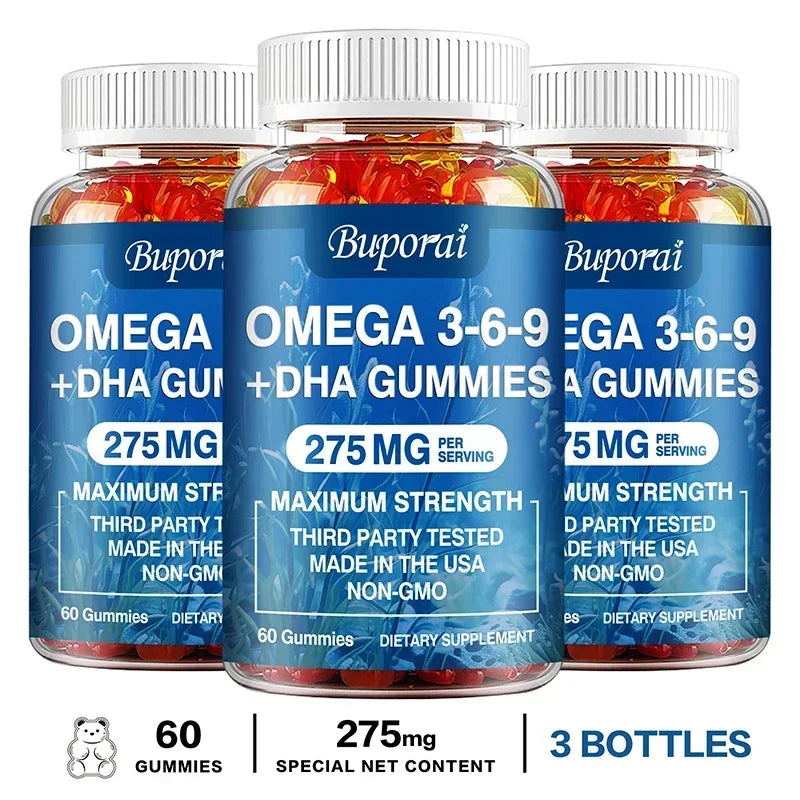Gomitas Omega 3 6 9 + DHA - Salud Cerebral, Mejora la Concentración, la Memoria, la Circulación Sanguínea, Apoyo Ocular