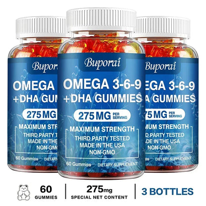 Omega 3 6 9 + DHA Gummies - Brain Health, Enhances Concentration, Memory, Improves Blood Circulation, Eye Support
