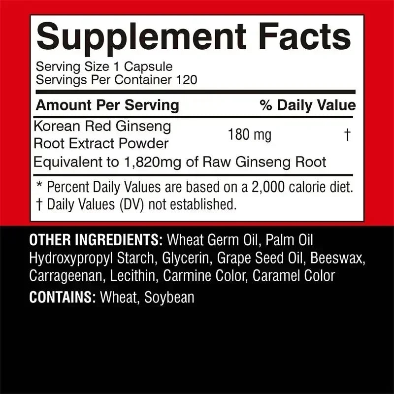 Suplemento de ginseng rojo coreano: favorece la salud general, aumenta la producción de energía, alivia el estrés - 120 unidades
