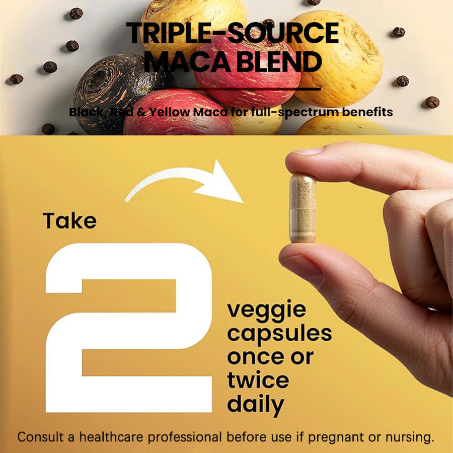 Cápsulas de Maca Orgánica en Polvo 1500mg con Maca Peruana Negra+Roja+Amarilla para Hombres y Mujeres - Cápsulas Veganas