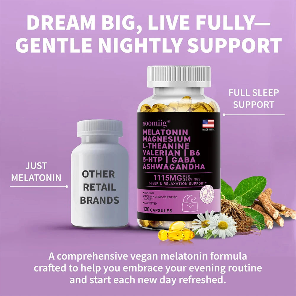 Cápsulas de melatonina 5 mg 12 en 1 para dormir, 90 unidades, veganas, sin OMG, para el sueño, el estrés y el estado de ánimo - Ayudas naturales para dormir para adultos