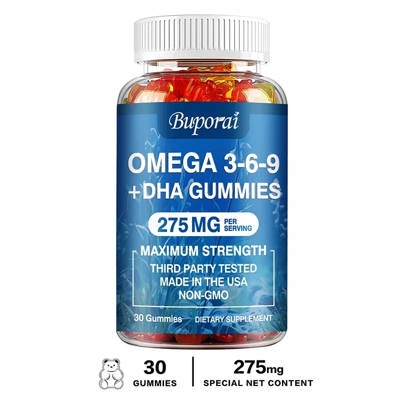 Gomitas Omega 3 6 9 + DHA - Salud Cerebral, Mejora la Concentración, la Memoria, la Circulación Sanguínea, Apoyo Ocular