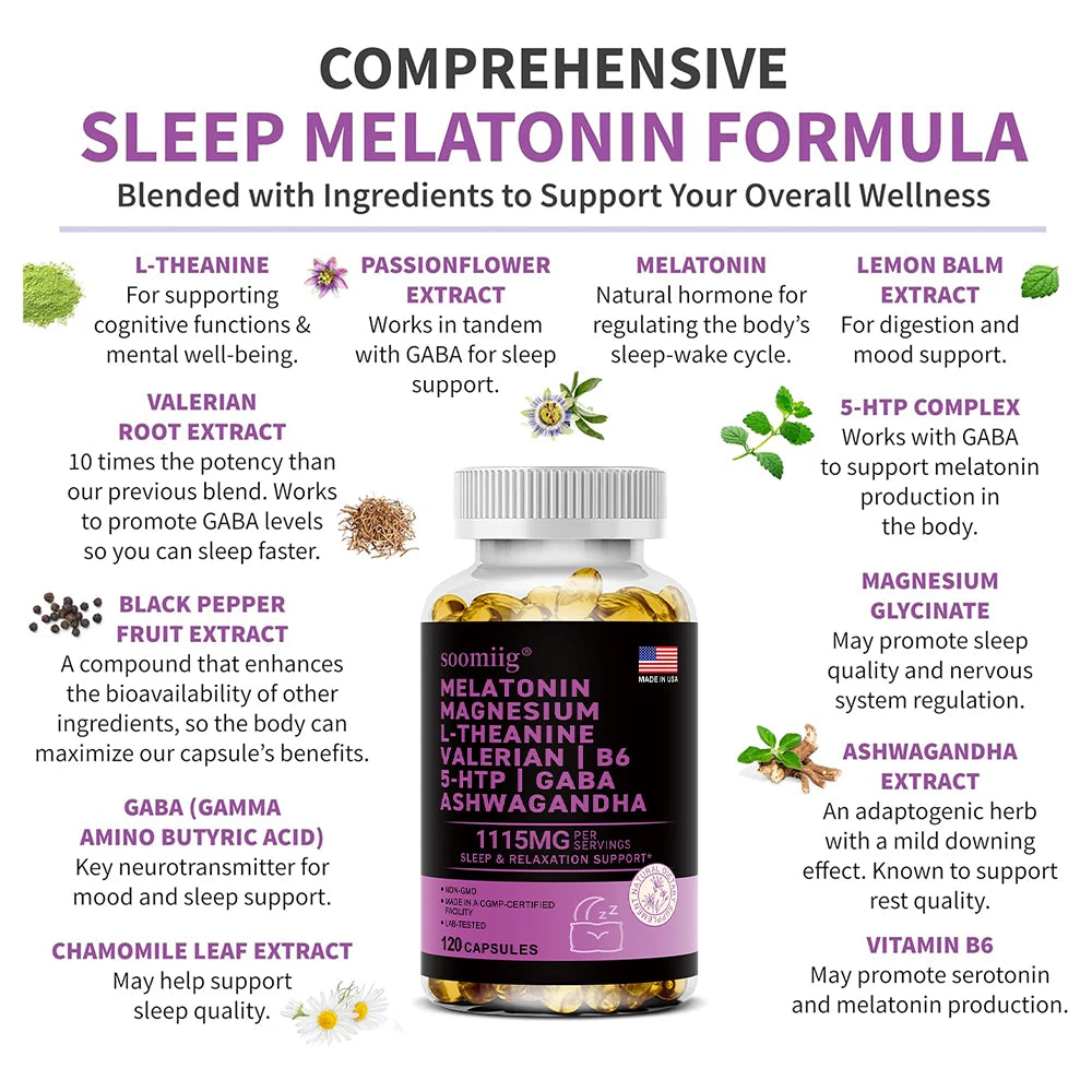 Cápsulas de melatonina 5 mg 12 en 1 para dormir, 90 unidades, veganas, sin OMG, para el sueño, el estrés y el estado de ánimo - Ayudas naturales para dormir para adultos