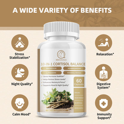 10-in-1 Cortisol Balance Supplements w/ KSM-66, Ashwagandha, L-Theanine, Magnesium Glycinate, Phosphatidylserine, Saffron, Turmeric, & more - Non GMO