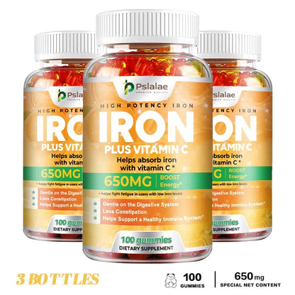 Iron Gummies 650 Mg - Supports Red Blood Cell Production, Relieves Fatigue, Improves Energy, Gluten-free