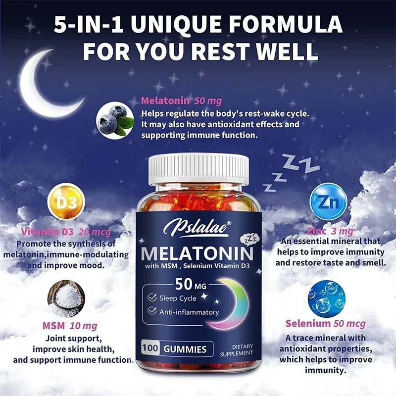 Melatonin Gummies 50mg w/ MSM, Selenium, & Vitamin D3 - Sleep Support, Stress Relief, Improved Sleep Quality