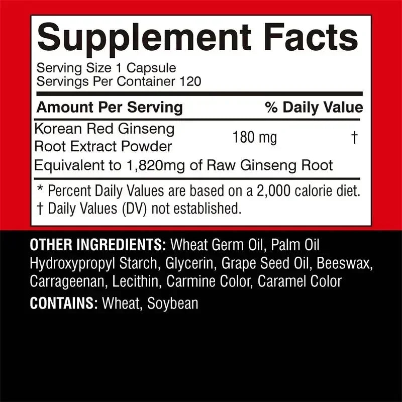 Suplemento de ginseng rojo coreano: favorece la salud general, aumenta la producción de energía, alivia el estrés - 120 unidades