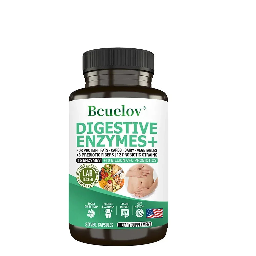 Suplemento de enzimas digestivas - 3 prebióticos, 12 probióticos, 10 mil millones de UFC - Digestión, absorción de nutrientes, desintoxicación del colon