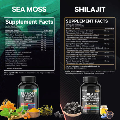Sea Moss and Shilajit |High Potency Vitality Combo - Ashwagandha Turmeric Bladder, Burdock 2000 Mg  & Ginger, Vitamin C