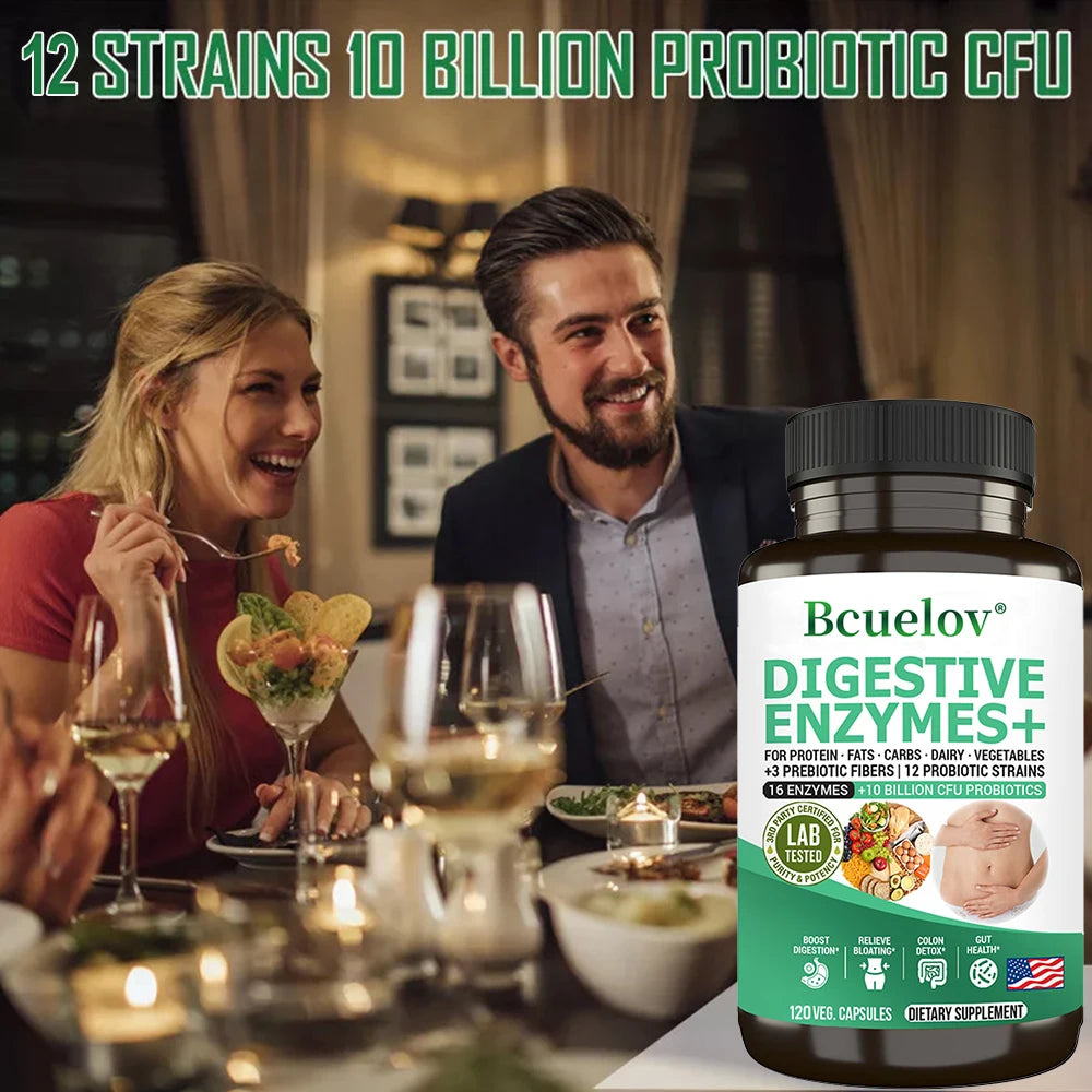 Suplemento de enzimas digestivas - 3 prebióticos, 12 probióticos, 10 mil millones de UFC - Digestión, absorción de nutrientes, desintoxicación del colon