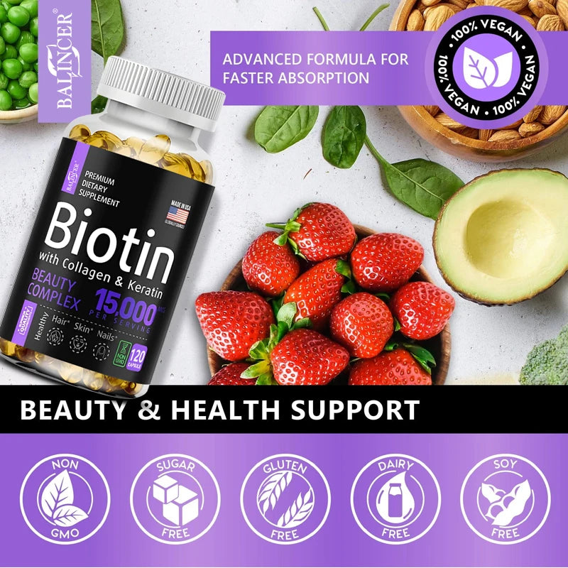 Biotin Supplement - 15,000 Mcg with Collagen and Keratin, for Hair, Skin and Nails, Joint Health