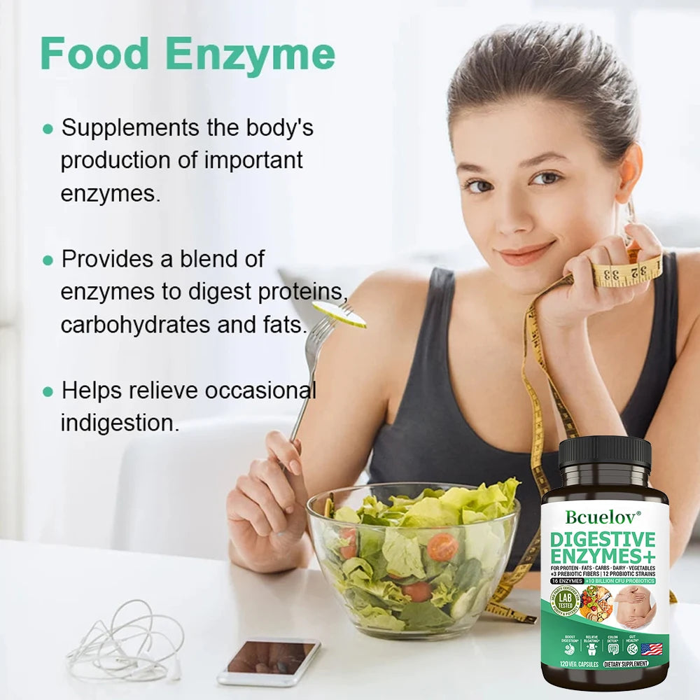 Suplemento de enzimas digestivas - 3 prebióticos, 12 probióticos, 10 mil millones de UFC - Digestión, absorción de nutrientes, desintoxicación del colon