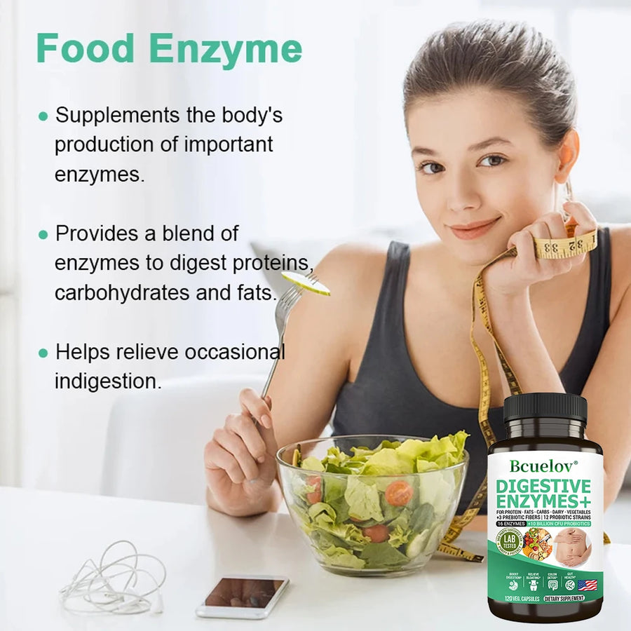 Suplemento de enzimas digestivas - 3 prebióticos, 12 probióticos, 10 mil millones de UFC - Digestión, absorción de nutrientes, desintoxicación del colon