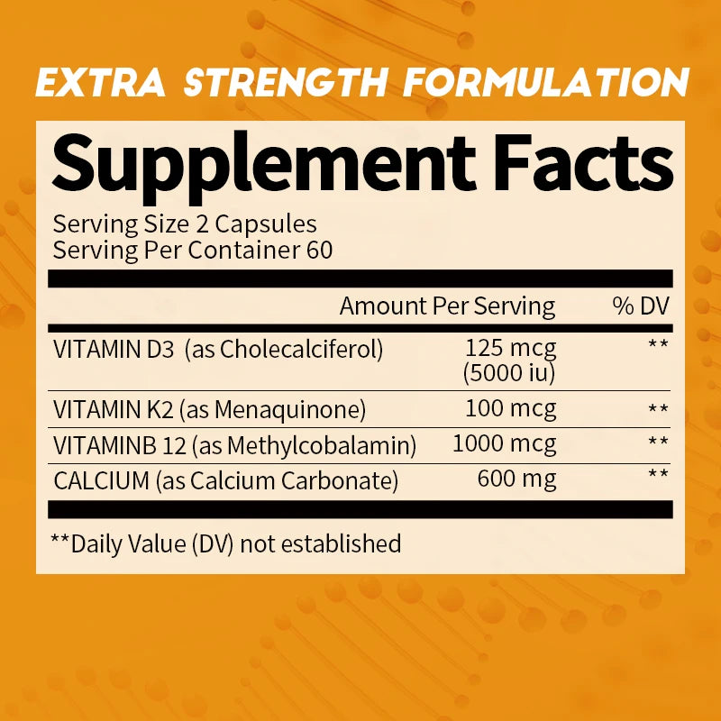 Vitamin D3, Calcium, K2, & B12 Capsules - Improve Osteoporosis, Supports Immune System and Heart Health