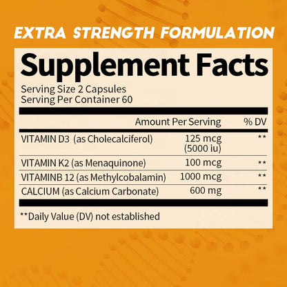 Vitamin D3, Calcium, K2, & B12 Capsules - Improve Osteoporosis, Supports Immune System and Heart Health
