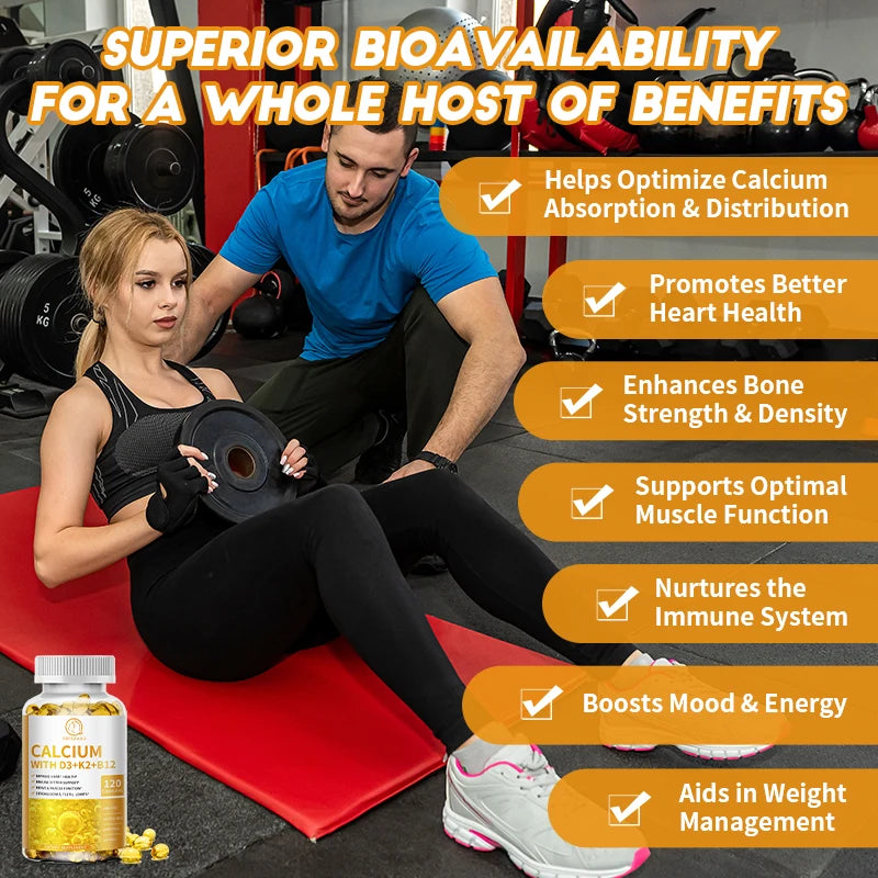 Vitamin D3, Calcium, K2, & B12 Capsules - Improve Osteoporosis, Supports Immune System and Heart Health