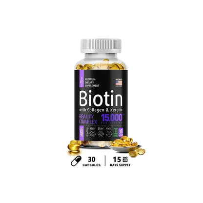 Biotin Supplement - 15,000 Mcg with Collagen and Keratin, for Hair, Skin and Nails, Joint Health