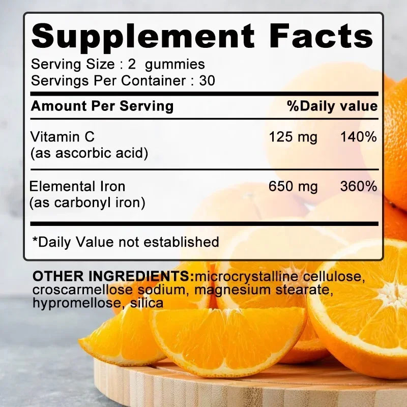 Iron Gummies 650 Mg - Supports Red Blood Cell Production, Relieves Fatigue, Improves Energy, Gluten-free