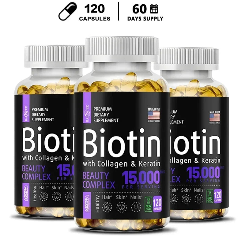 Biotin Supplement - 15,000 Mcg with Collagen and Keratin, for Hair, Skin and Nails, Joint Health
