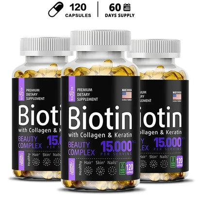 Biotin Supplement - 15,000 Mcg with Collagen and Keratin, for Hair, Skin and Nails, Joint Health