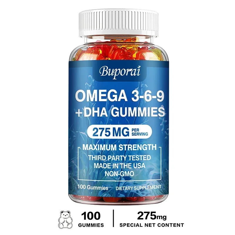Gomitas Omega 3 6 9 + DHA - Salud Cerebral, Mejora la Concentración, la Memoria, la Circulación Sanguínea, Apoyo Ocular