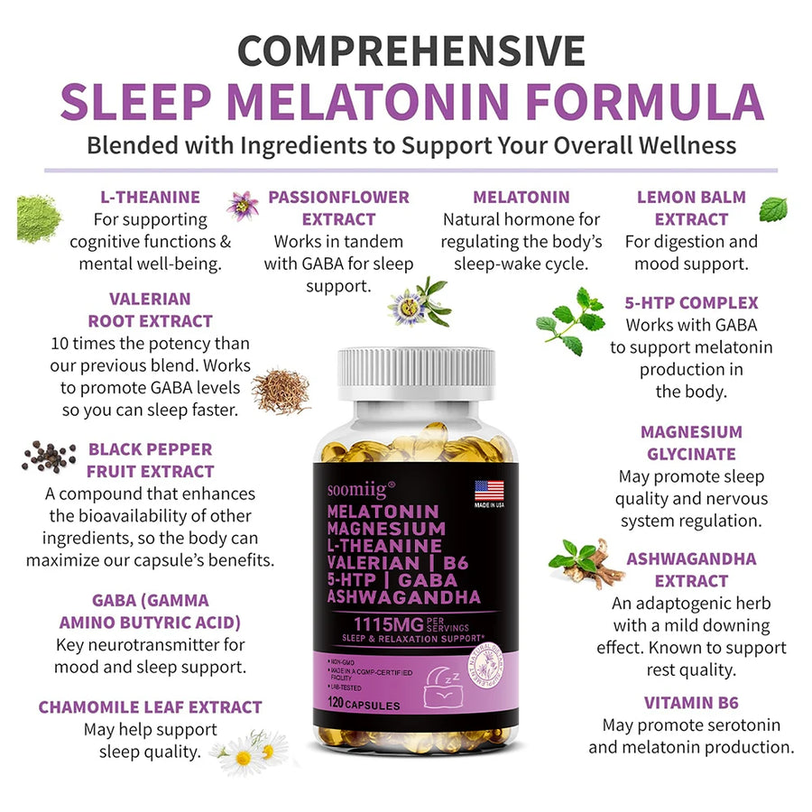 Cápsulas de melatonina 5 mg 12 en 1 para dormir, 90 unidades, veganas, sin OMG, para el sueño, el estrés y el estado de ánimo - Ayudas naturales para dormir para adultos
