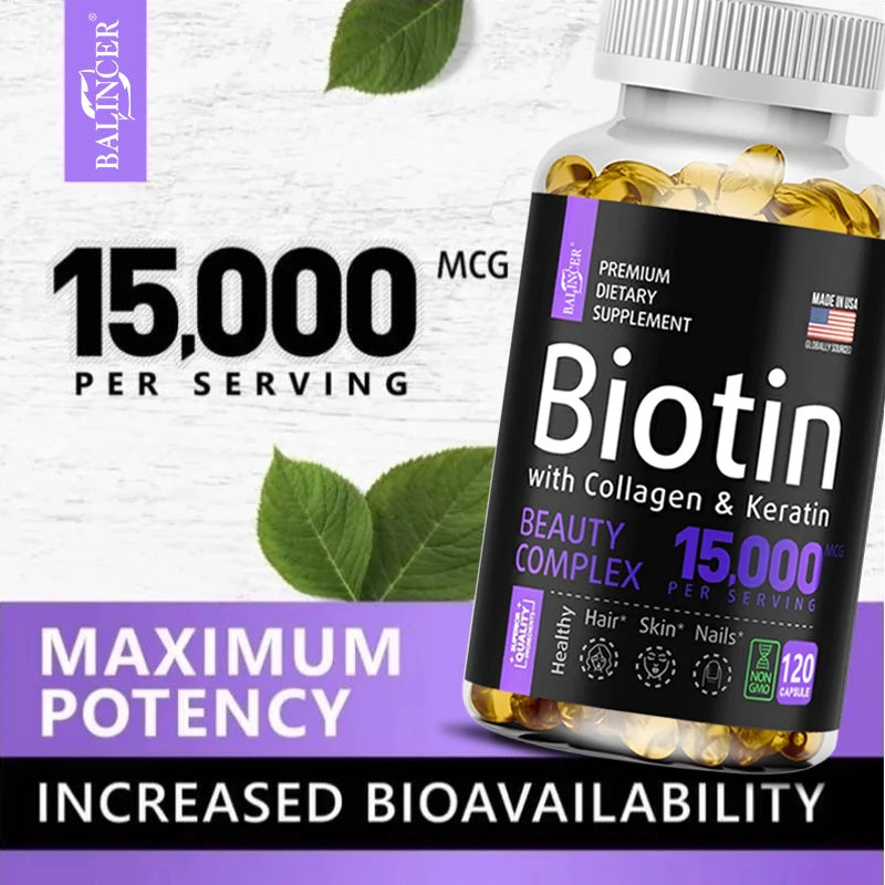 Suplemento de biotina - 15,000 mcg con colágeno y queratina, para cabello, piel y uñas, salud articular