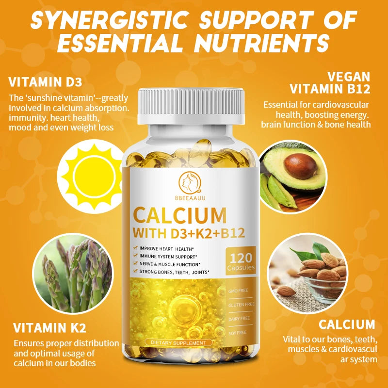 Vitamin D3, Calcium, K2, & B12 Capsules - Improve Osteoporosis, Supports Immune System and Heart Health