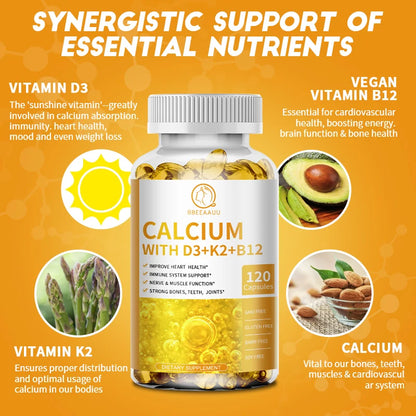 Vitamin D3, Calcium, K2, & B12 Capsules - Improve Osteoporosis, Supports Immune System and Heart Health