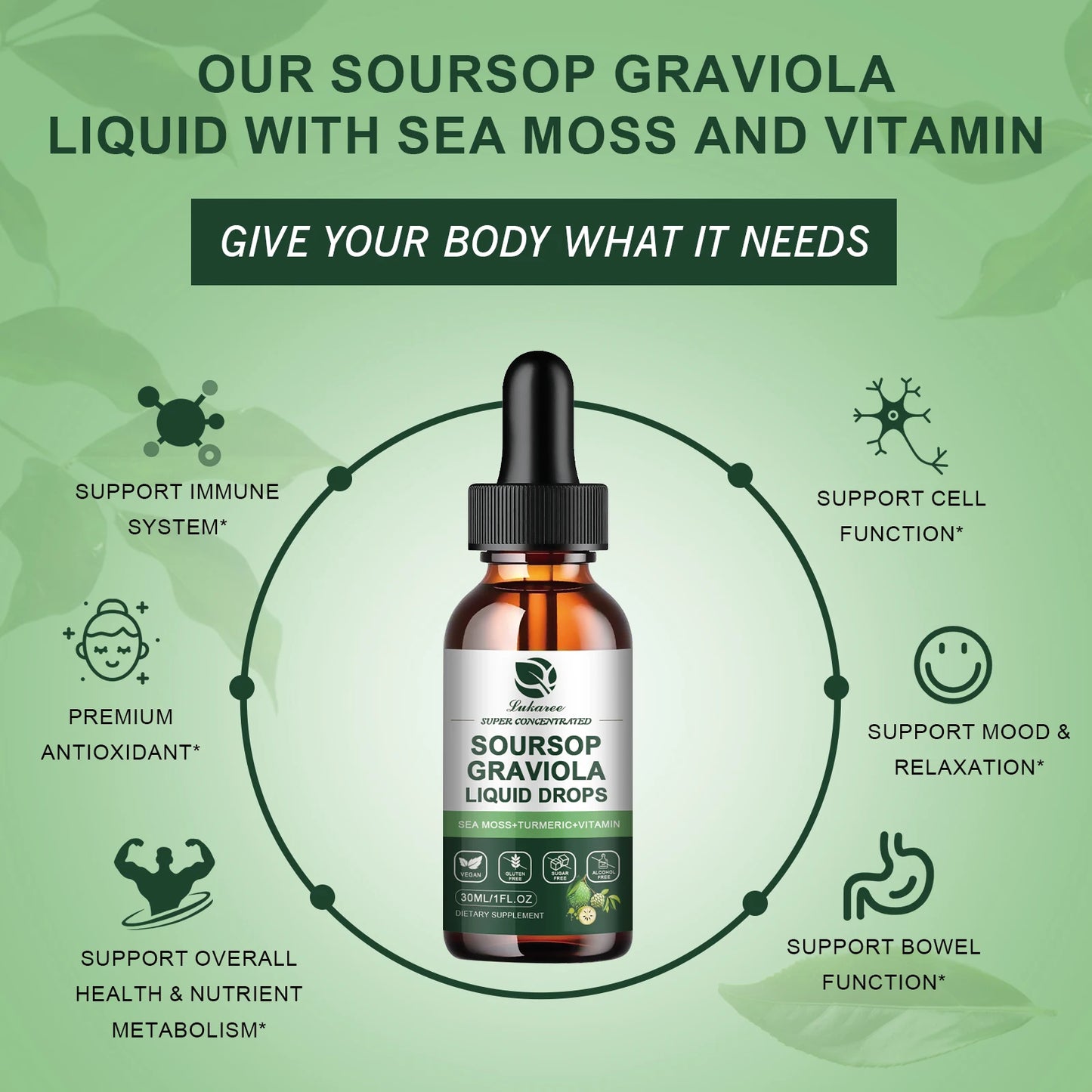 Gotas de extracto de guanábana Graviola que apoyan la inmunidad y la digestión, la salud del metabolismo, la desintoxicación y la antioxidación, sin gluten, 30 ml