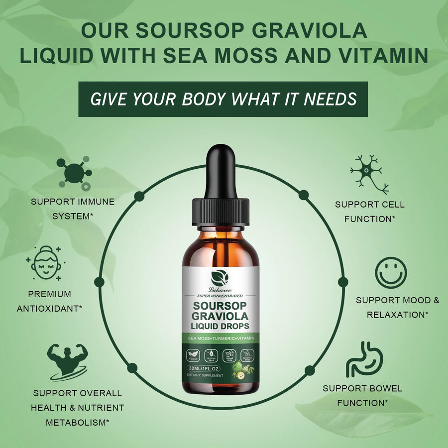 Gotas de extracto de guanábana Graviola que apoyan la inmunidad y la digestión, la salud del metabolismo, la desintoxicación y la antioxidación, sin gluten, 30 ml