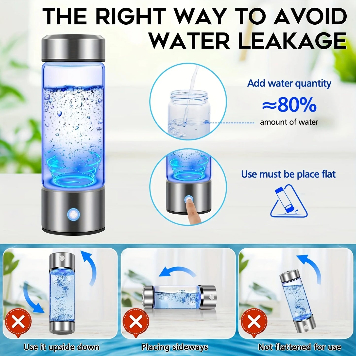 Hydrogen water bottle, hydrogen-rich water cup, USB-charged hydrogen electrolysis generator (3 minutes charge), fitness