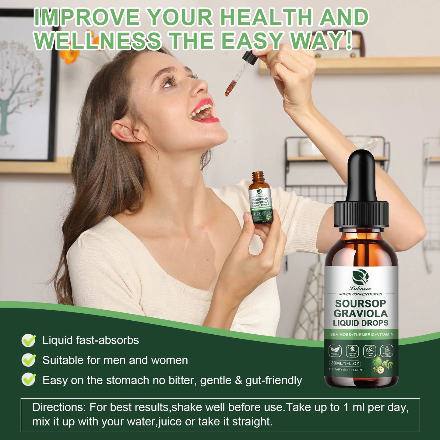 Gotas de extracto de guanábana Graviola que apoyan la inmunidad y la digestión, la salud del metabolismo, la desintoxicación y la antioxidación, sin gluten, 30 ml