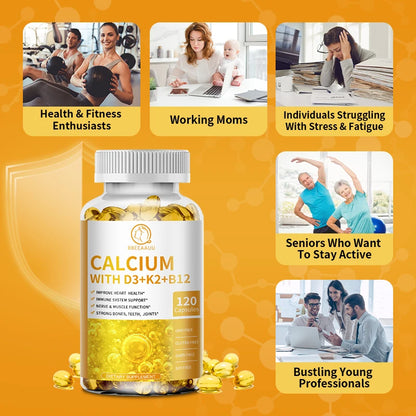 Vitamin D3, Calcium, K2, & B12 Capsules - Improve Osteoporosis, Supports Immune System and Heart Health