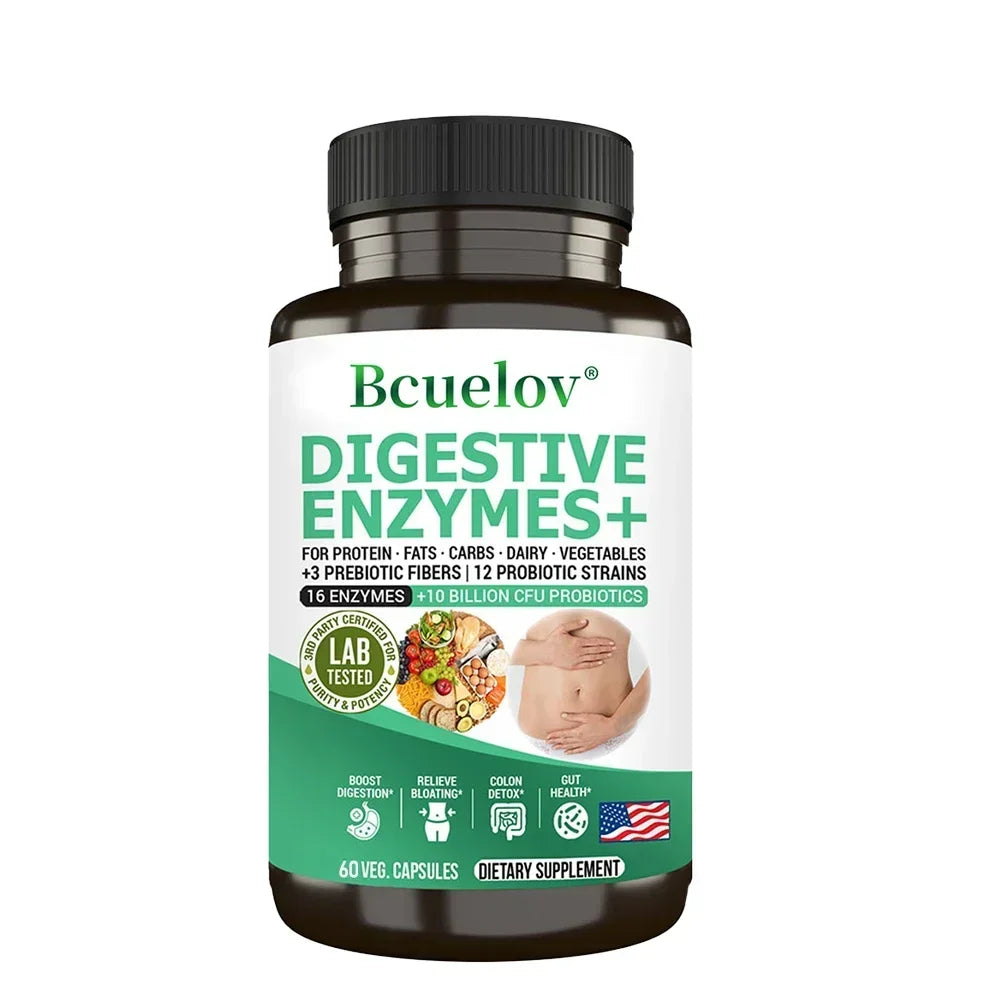 Suplemento de enzimas digestivas - 3 prebióticos, 12 probióticos, 10 mil millones de UFC - Digestión, absorción de nutrientes, desintoxicación del colon