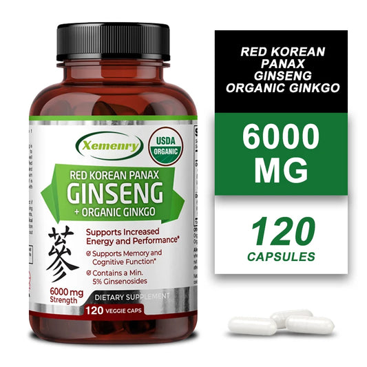 Korean Red Panax Ginseng + Ginkgo Biloba Capsules Increases Energy, Mood, Stamina & Performance, Supports Mental Health