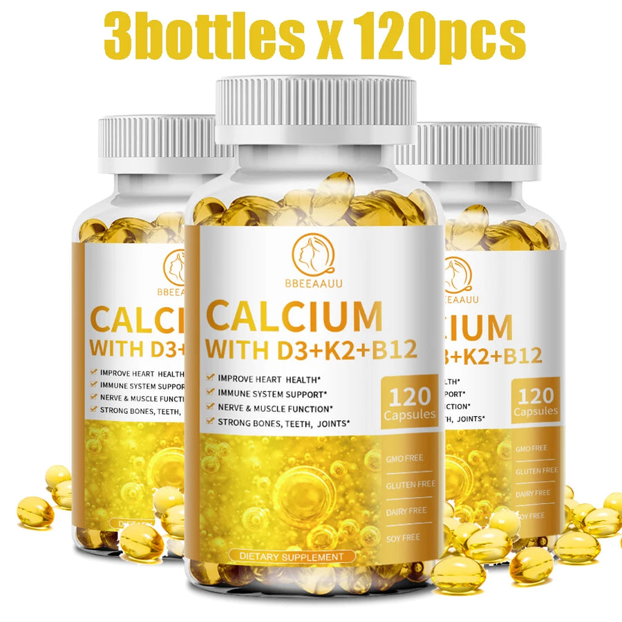 Cápsulas de Vitamina D3, Calcio, K2 y B12 - Mejora la Osteoporosis, Apoya el Sistema Inmunológico y la Salud Cardíaca