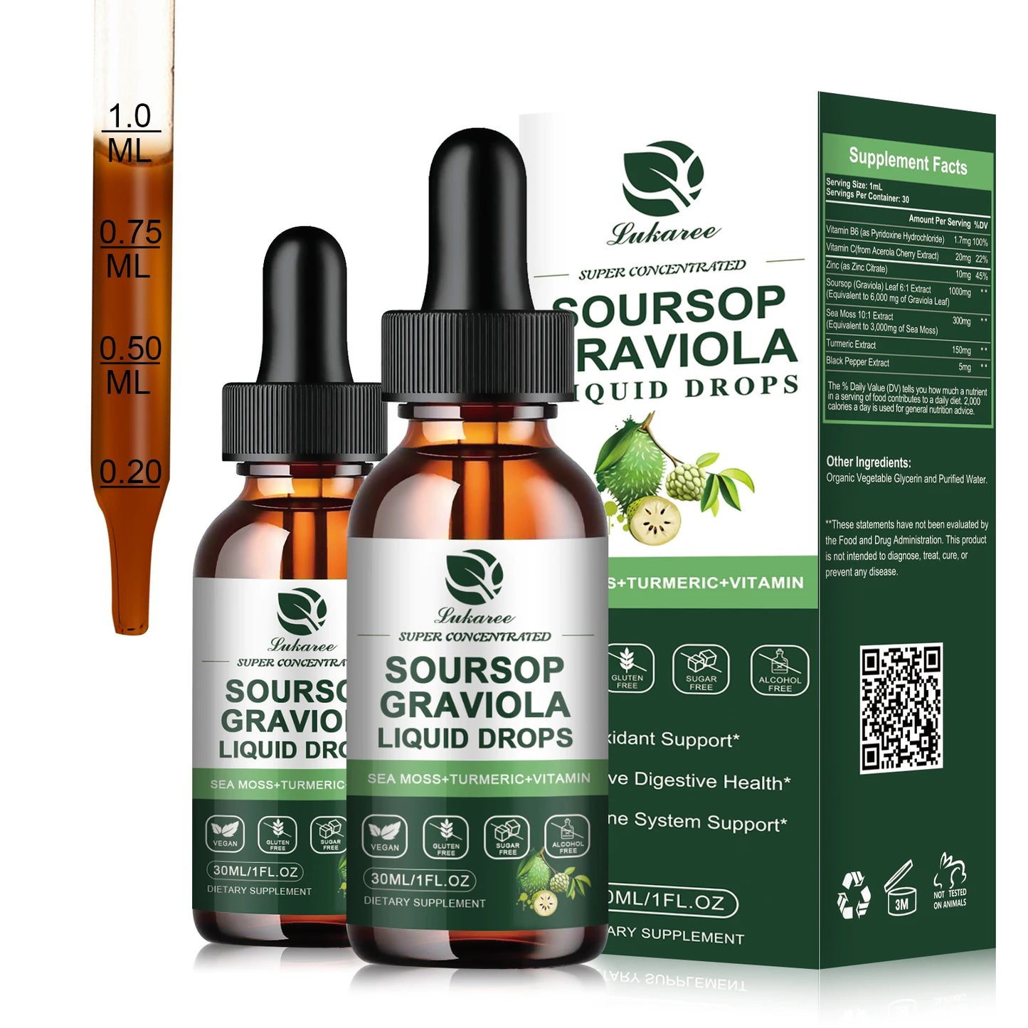 Gotas de extracto de guanábana Graviola que apoyan la inmunidad y la digestión, la salud del metabolismo, la desintoxicación y la antioxidación, sin gluten, 30 ml