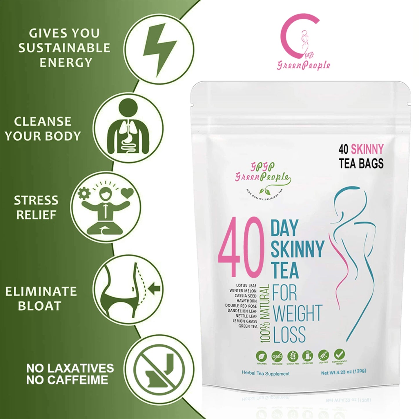 40 Days Herbal Skinny Detox  Tea - Weight Loss Supplement No Caffeine Non-GMO